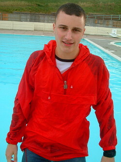 red anorak in pool